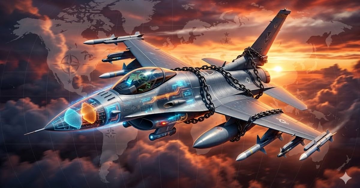 F-16 جنګي الوتکه چې د سیاسي کنټرول، سورس کوډ لاک او پوځي انحصار سمبول ښيي